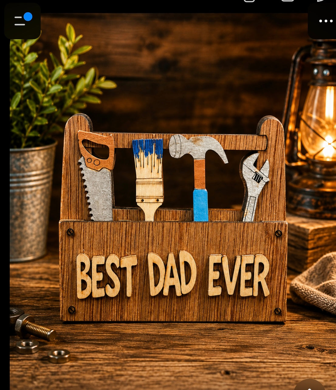 This is a direct head on view of the "Best Dad Ever" toolbox. This is picture perfect. 

This item measures approximately 3.5" X 4.0",  it has 2 Strong Magnets and a Hanger on the back. It also comes with a perfectly sized easel.  

 3d Unique design, Handcrafted, this item is not printed. Its laser engraved and precision cut. 
The tools are removable and can be replaced in any slot you wish.

