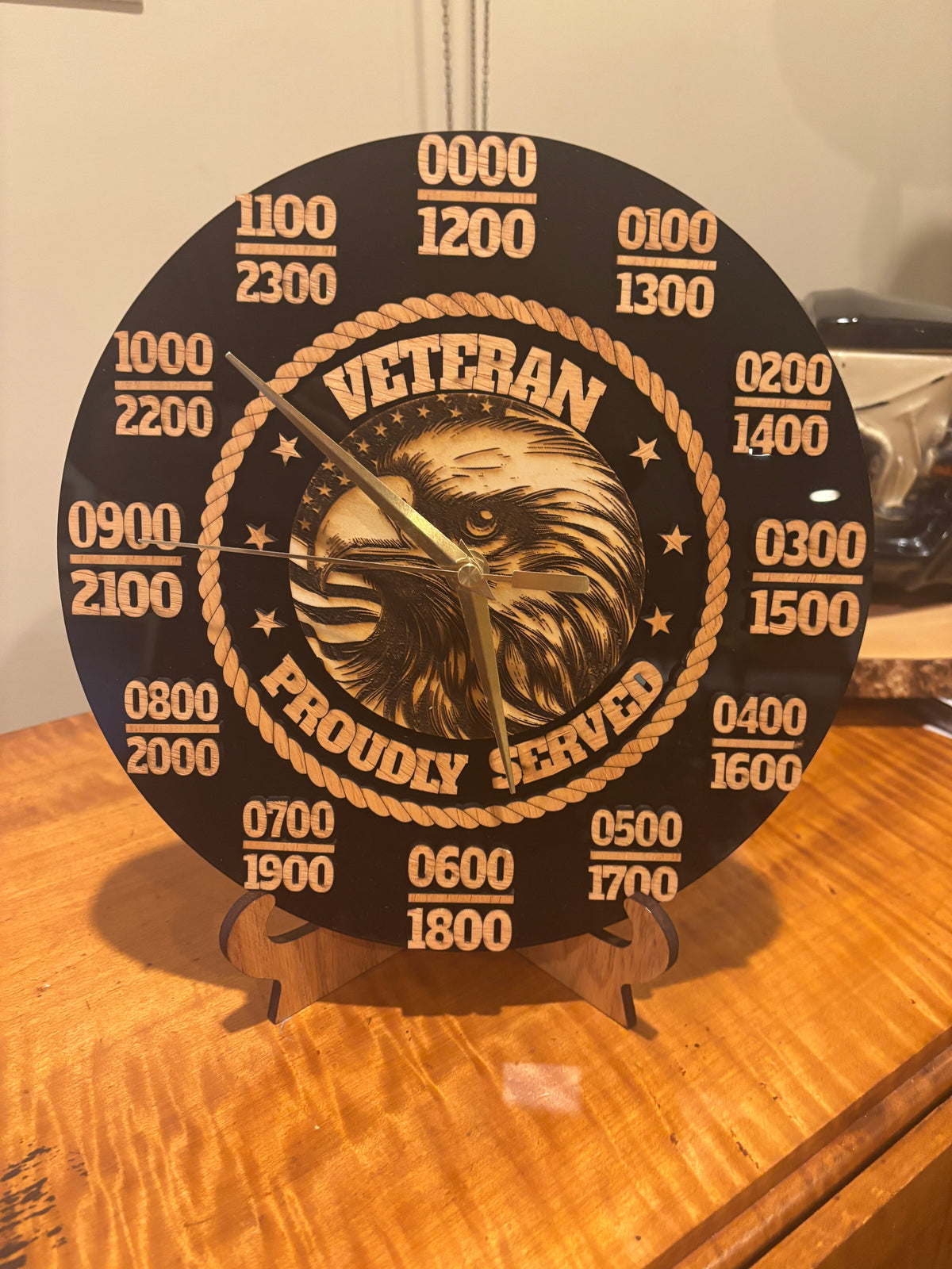 Created to honor the men and women who served our country, this handcrafted Veterans Military Time Clock is more than a way to tell time - it's a lasting tribute to service, and pride.
Featuring a distinctive military time (24-hour) design, this clock makes a striking addition to a veteran's home, office, workshop, man cave or military display.

Each Clock is carefully crafted and assembled one at a time, giving it the dimensional detail and character you won't find in a mass-produced clock.



